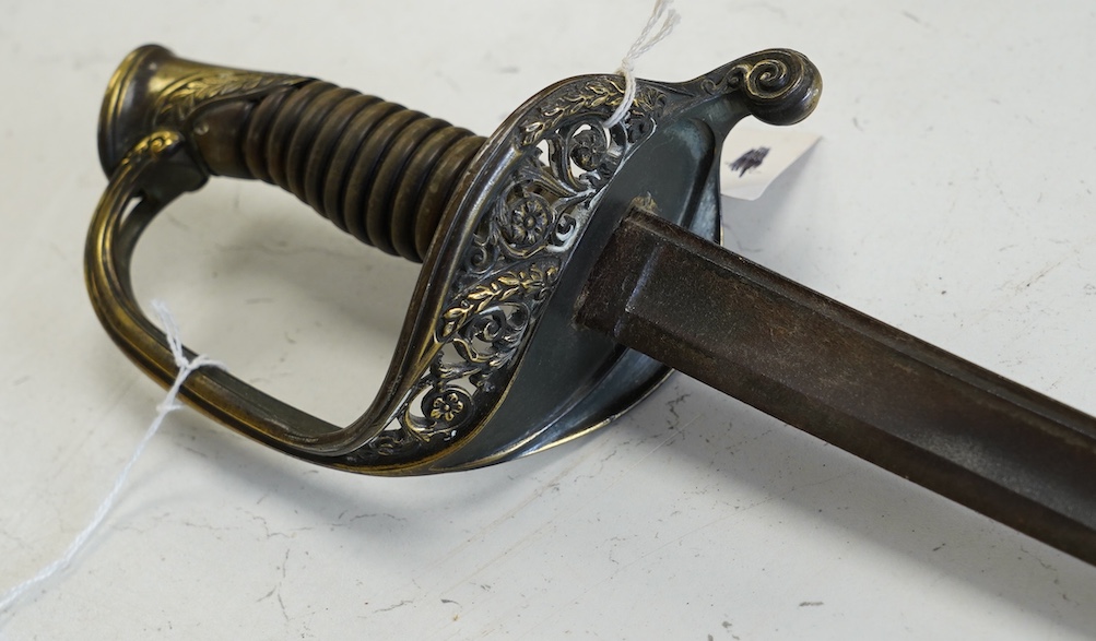 A mid 19th century French infantry officer’s sword with horn grip, blade 76cm. Condition - good, some age wear